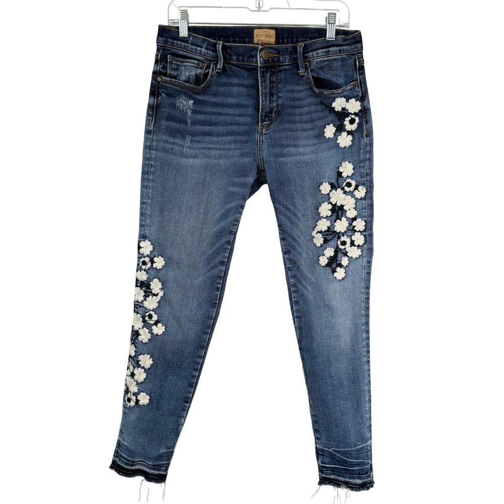 Driftwood Marilyn Jeans Women 29 Floral Embroidered Skinny Raw Step Hem BOHO - Picture 2 of 11